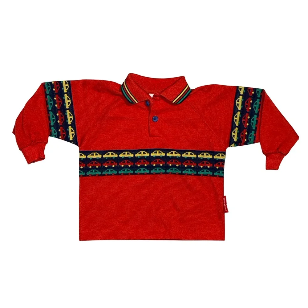 Vintage OshKosh Bgosh Kids Red Car Pattern Long Sleeve Polo Shirt 24 Months USA